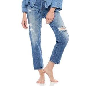 SANDRINE ROSE Straight Fit Cotton Distressed Mom Jeans Indigo Wash Size 30 NWT